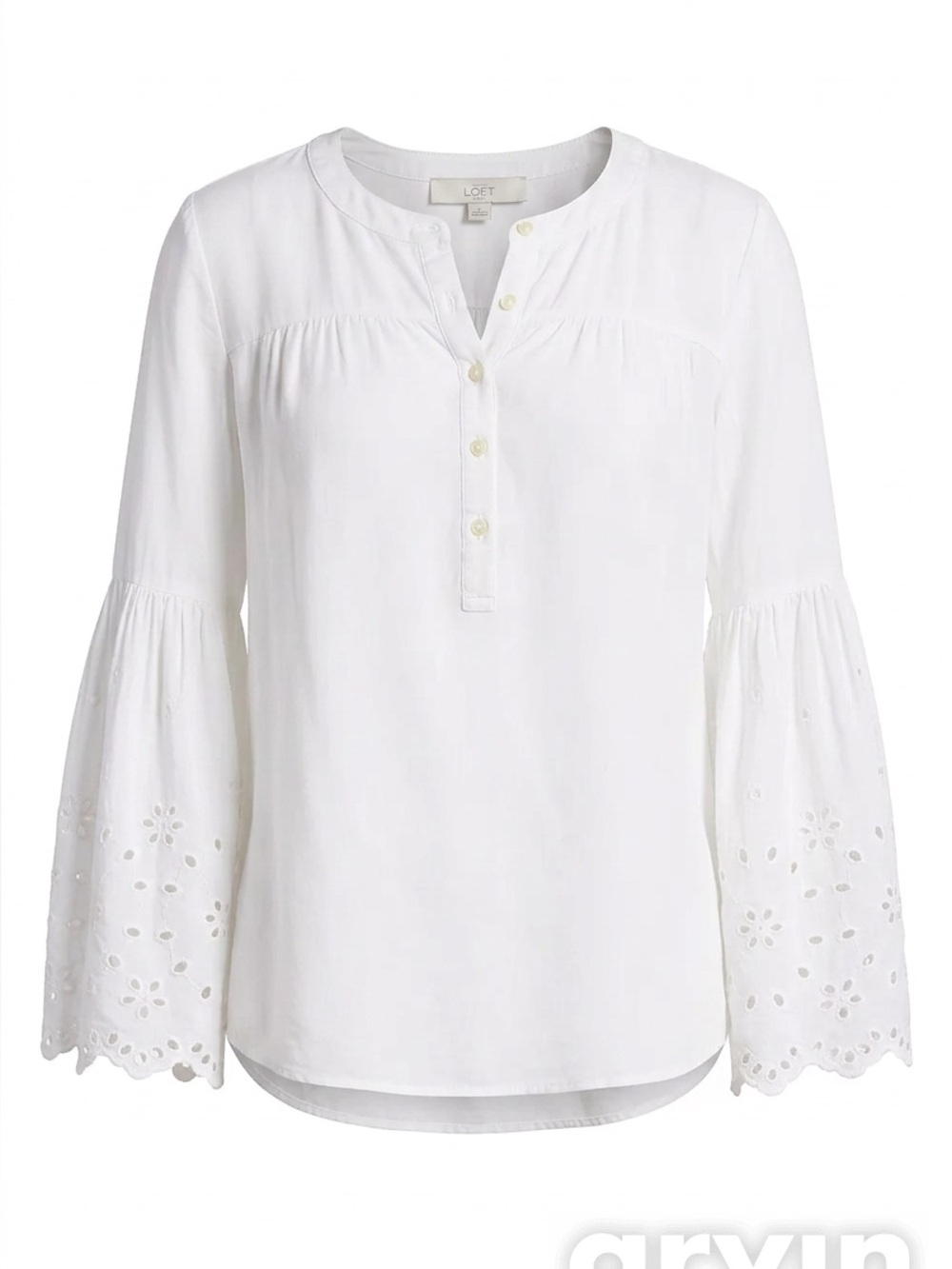 LOFT White Eyelet Bell-Sleeve Henley Blouse